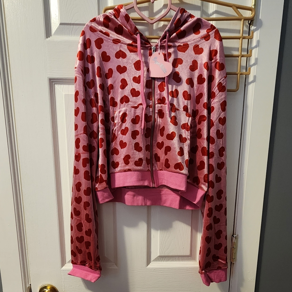 Pink cropped velour hearts track jacket